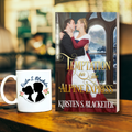 Paperback book with a romantic Victorian couple embracing with scenic window view in background, gold script title on book cover, "Temptation on the Alpine Express". A white mug with black silhouette of a couple sits beside the book.