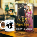 Romantic paperback cover with Victorian couple embracing in front of a train station, titled Seduction on the Alpine Express.