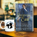 Paperback book cover of Deceiving the Earl showing a Victorian woman in a blue dress standing in a nighttime city street.