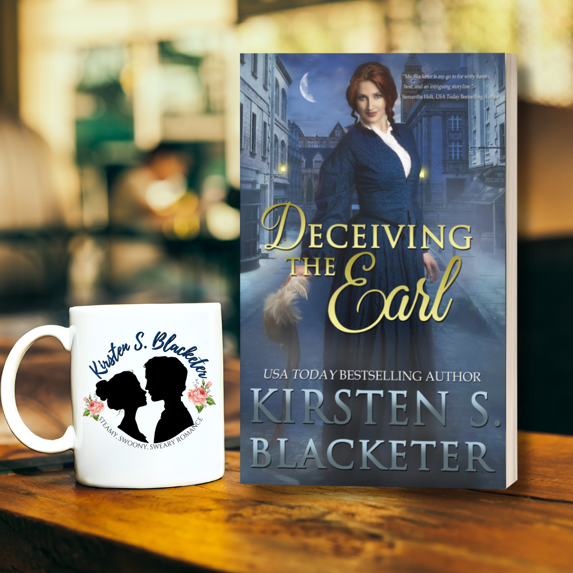Paperback book cover of Deceiving the Earl showing a Victorian woman in a blue dress standing in a nighttime city street.