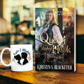 Book cover of Queen Takes Hook by Kirsten S. Blacketer featuring a woman with long blonde hair and a man in the background. Both on a pirate ship. Coffee mug with a logo of a couple and the name Kirsten S. Blacketer on it.