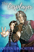 Young woman with braided dark hair making a peace sign next to a tall man in medieval armor against a blue background.