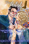 Romantic couple close-up of a man with glasses and a woman with curly blonde hair, colorful paint splatters on clothing and skin.