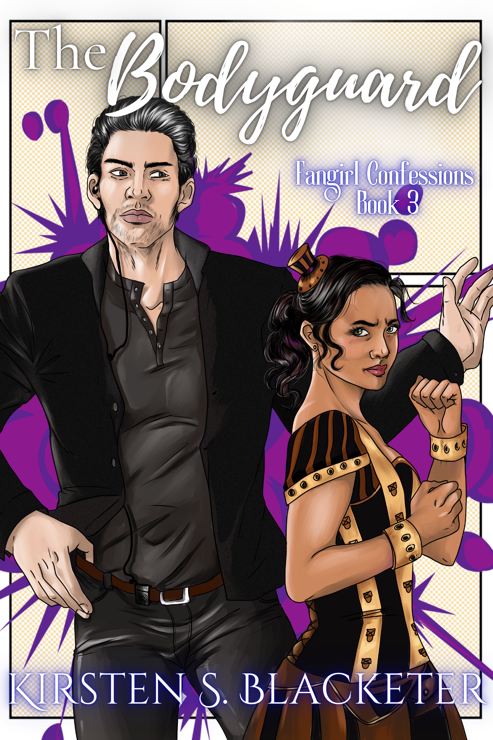 Romantic ebook cover featuring a confident man in a black shirt and a woman in a steampunk costume, purple accents in background.