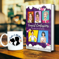 Hardcover book Fangirl Confessions Collection with colorful illustrated female faces on the cover and a mug with black silhouette of a couple on it.