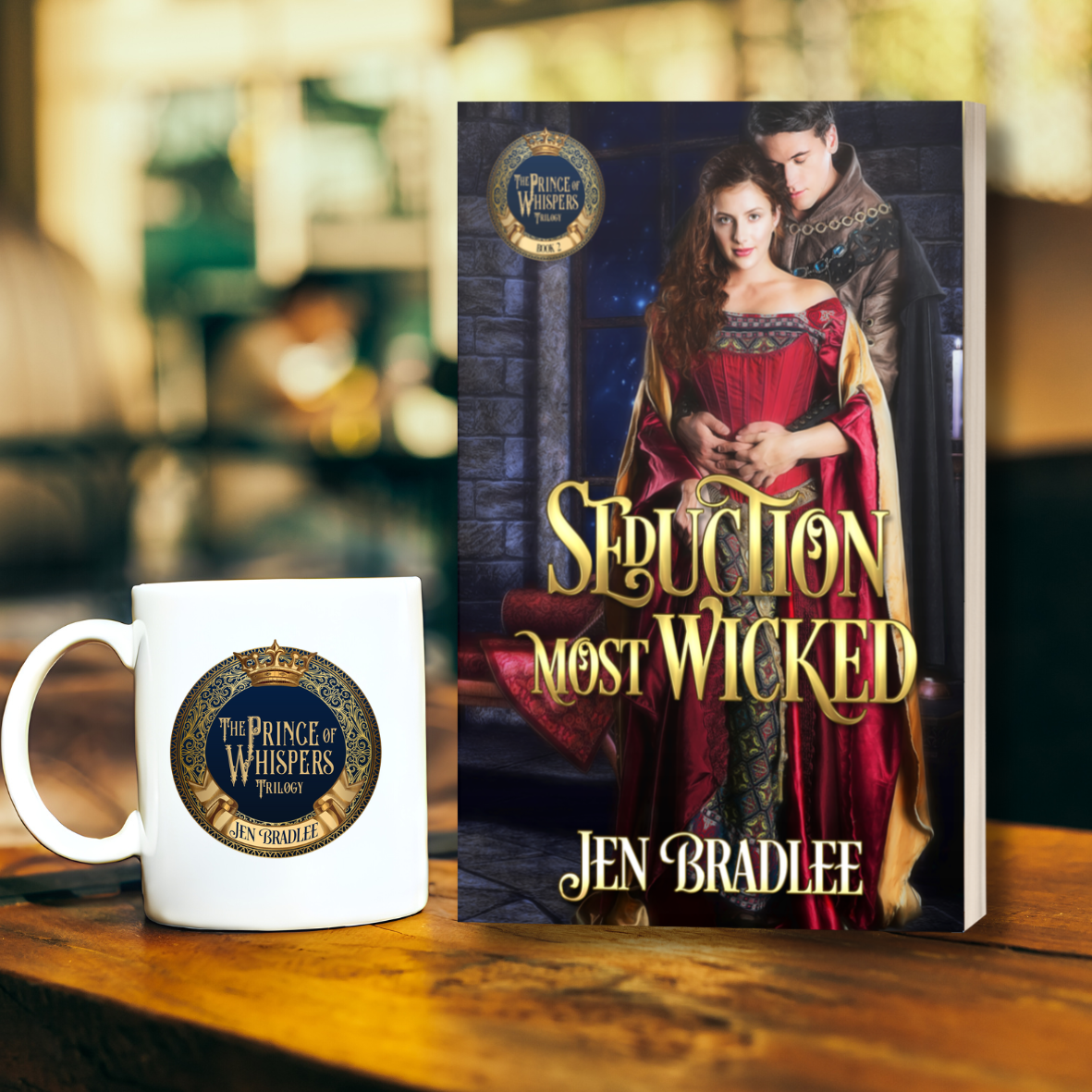Romance paperback titled Seduction Most Wicked by Jen Bradlee with romantic couple on the cover. She is wearing a red and gold gown and he is in medival clothing