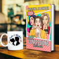 Hardcover book "Her Confessions Collection" with colorful pop art cover of three surprised women, displayed with white coffee mug featuring the author's logo of a man and woman in silhouette.