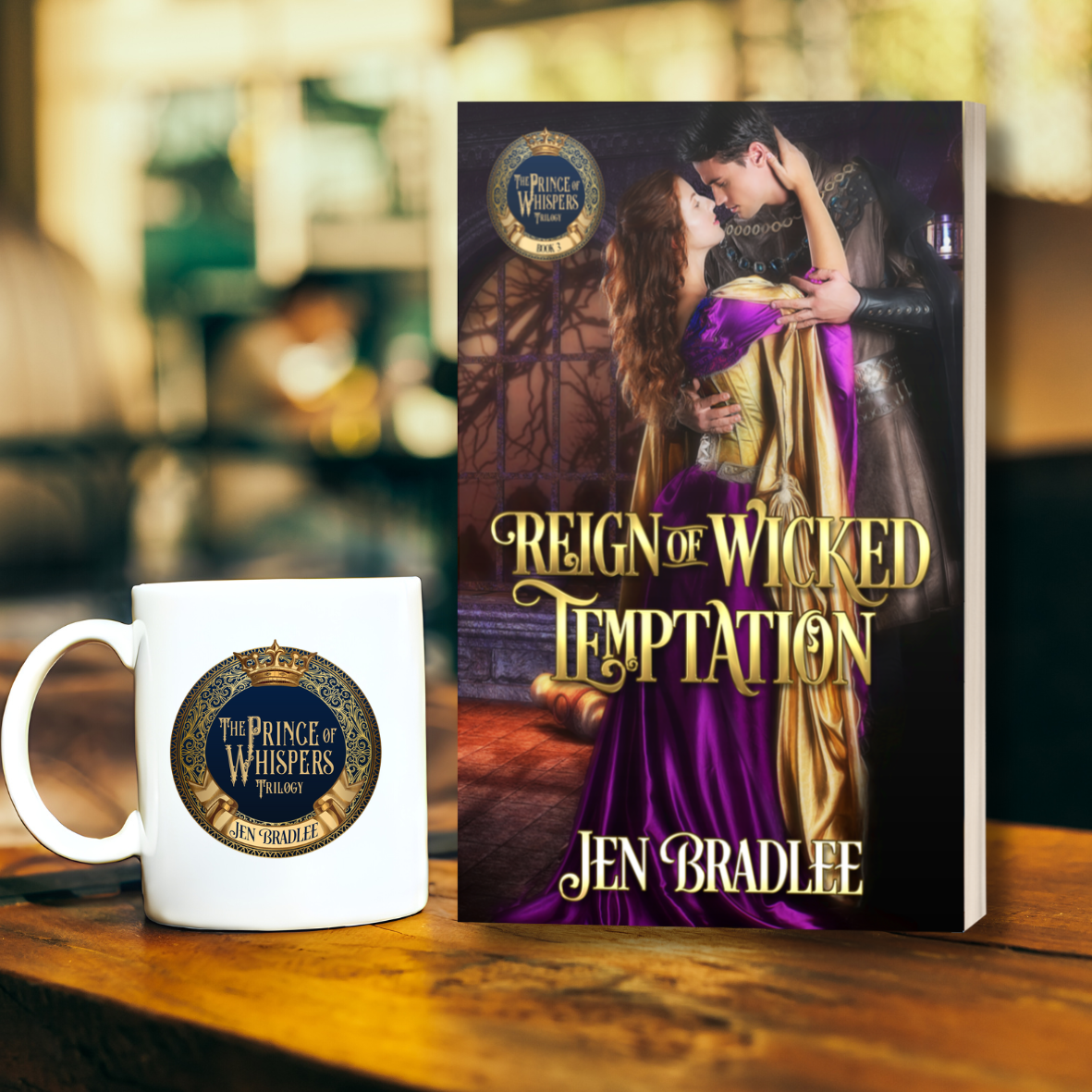 Paperback book cover titled Reign of Wicked Temptation by Jen Bradlee with a woman wearing a gold and purple gown embracing a man in medieval clothing.