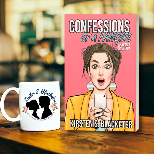 Paperback book titled Confessions of a Fangirl by Kirsten S. Blacketer with illustration of surprised woman holding phone against a pink background.