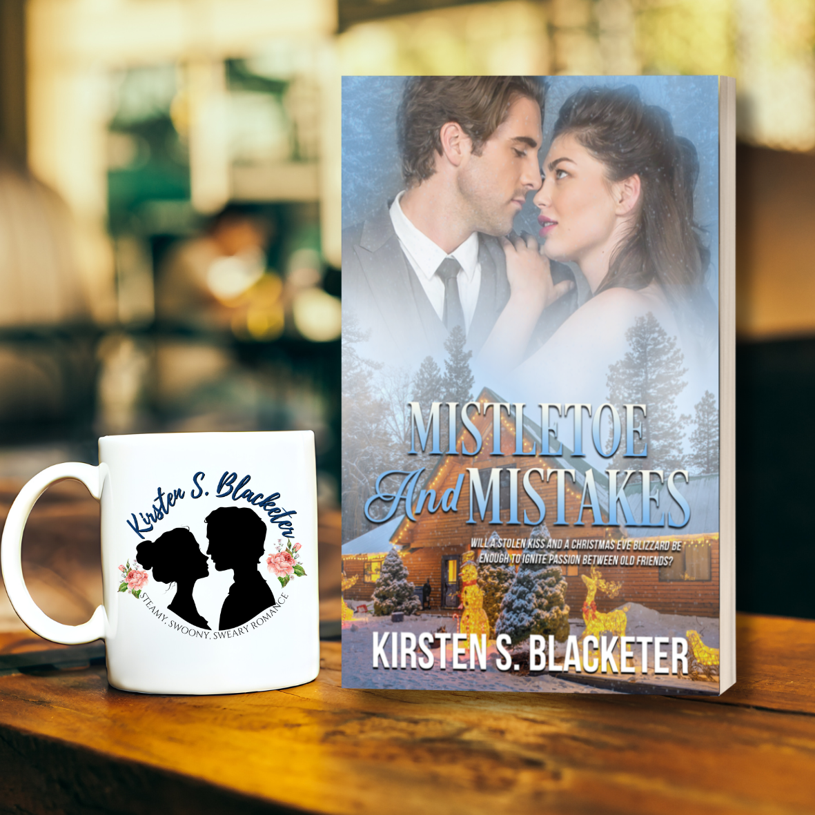 Romantic paperback book titled Mistletoe and Mistakes with couple facing each other and winter cabin scene.