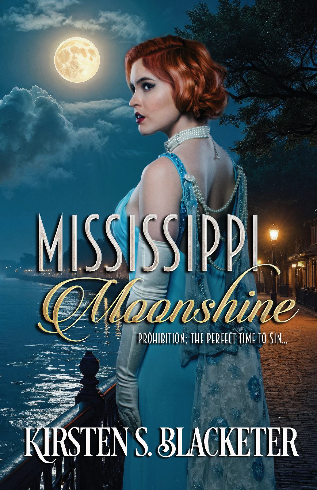 Romantic historical cover with red-haired woman in blue dress under full moon by river dock at night. Titled Mississippi Moonshine.