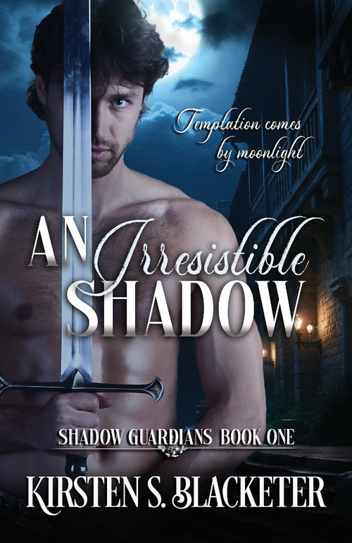 Medieval man holding sword with intense gaze under moonlit sky near a stone building at night.