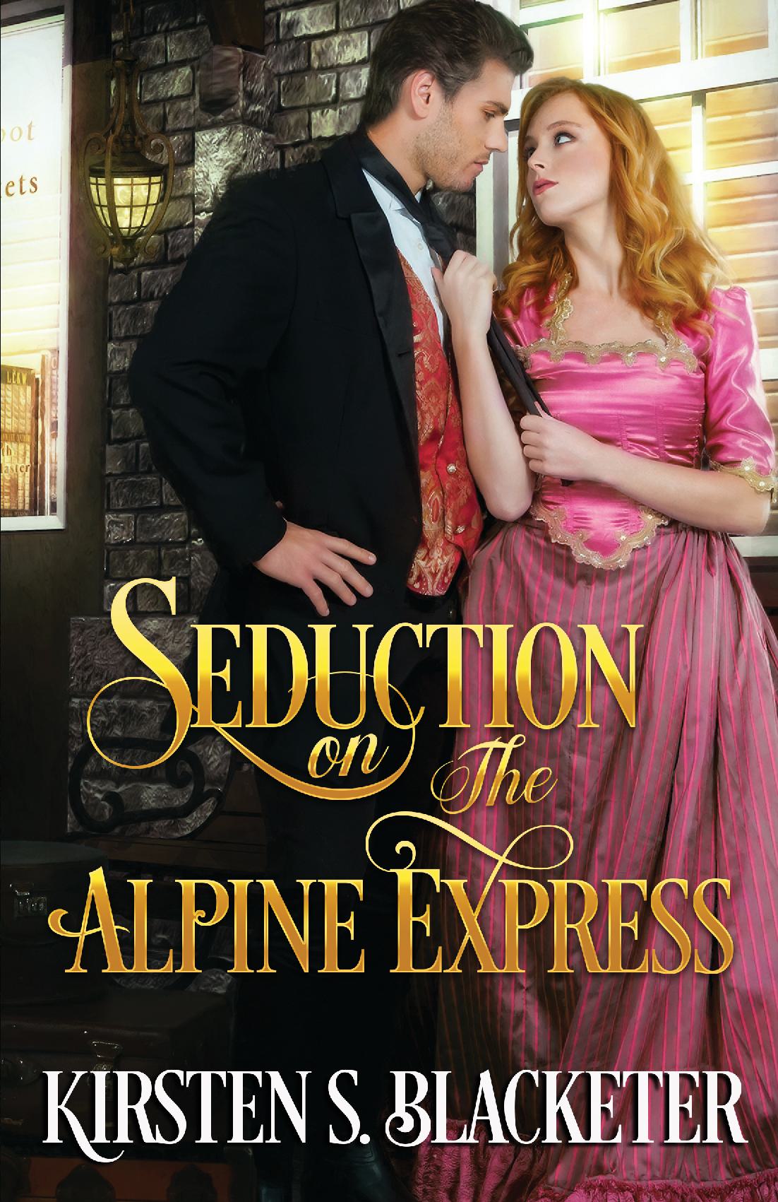 Romantic man in Victorian suit and woman in pink dress embrace outside train station at night.