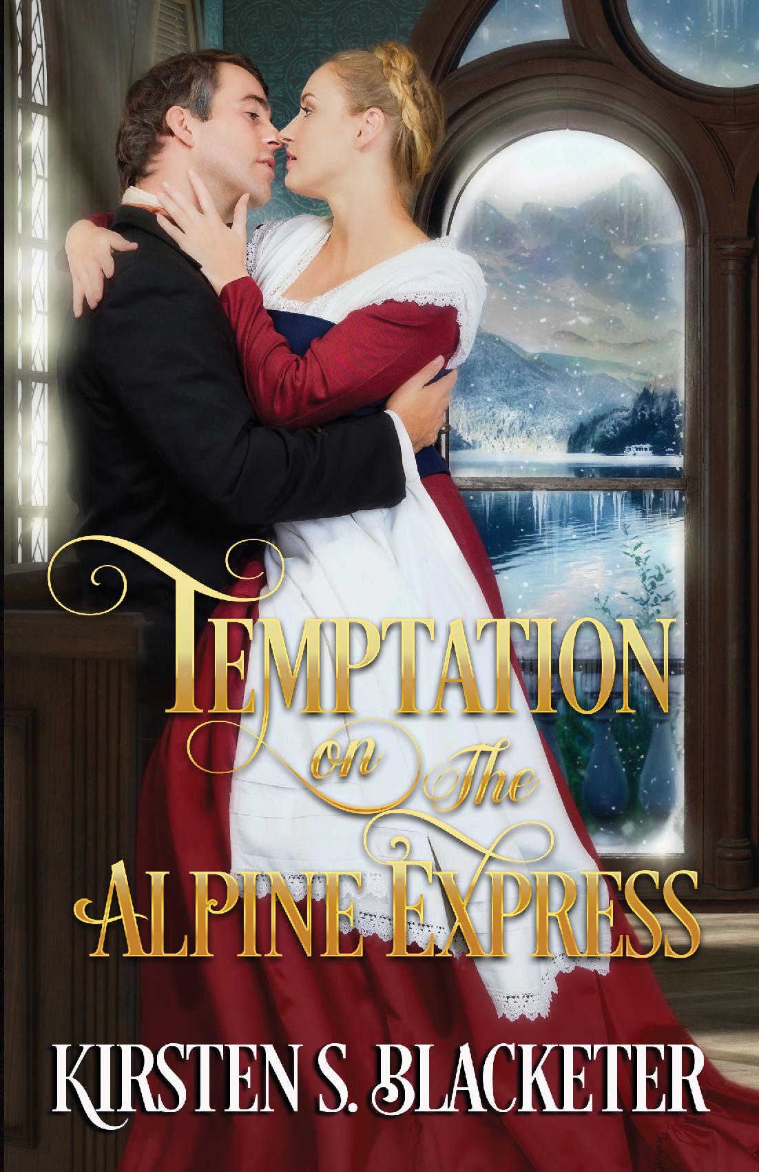 Romantic Victorian couple embracing inside a train station with snowy Alpine landscape outside window.