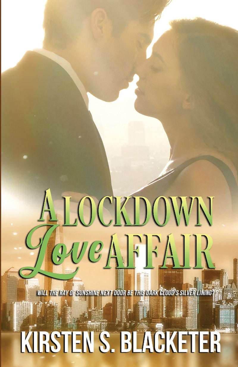 Romantic book cover with a couple about to kiss with the New York City skyline and golden sunlight in background.