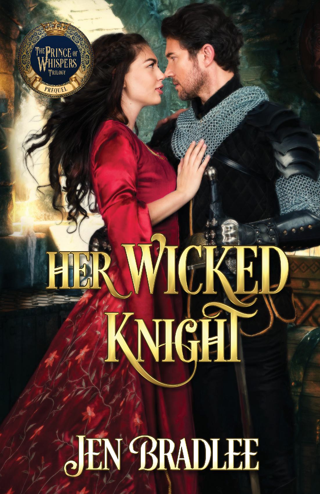 Romantic medieval scene with woman in red gown and armored man embracing in a castle.