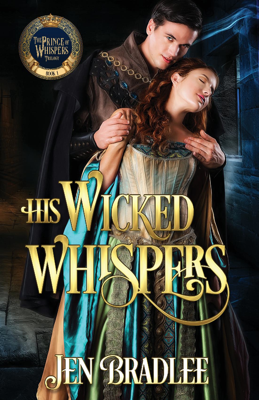 Romantic book cover with a man in dark medieval attire embracing a woman in a flowing blue gown with a castle background.