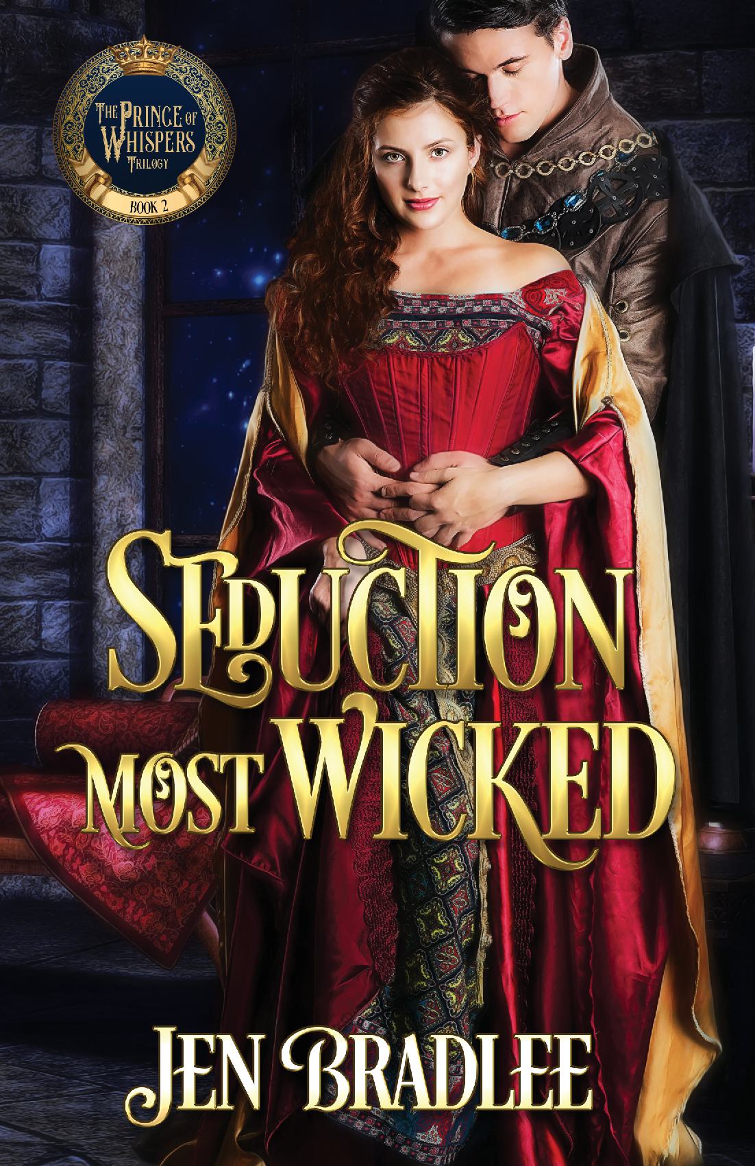 Romantic book cover with woman in red and gold medieval dress and man in dark cloak embracing her against stone wall backdrop.