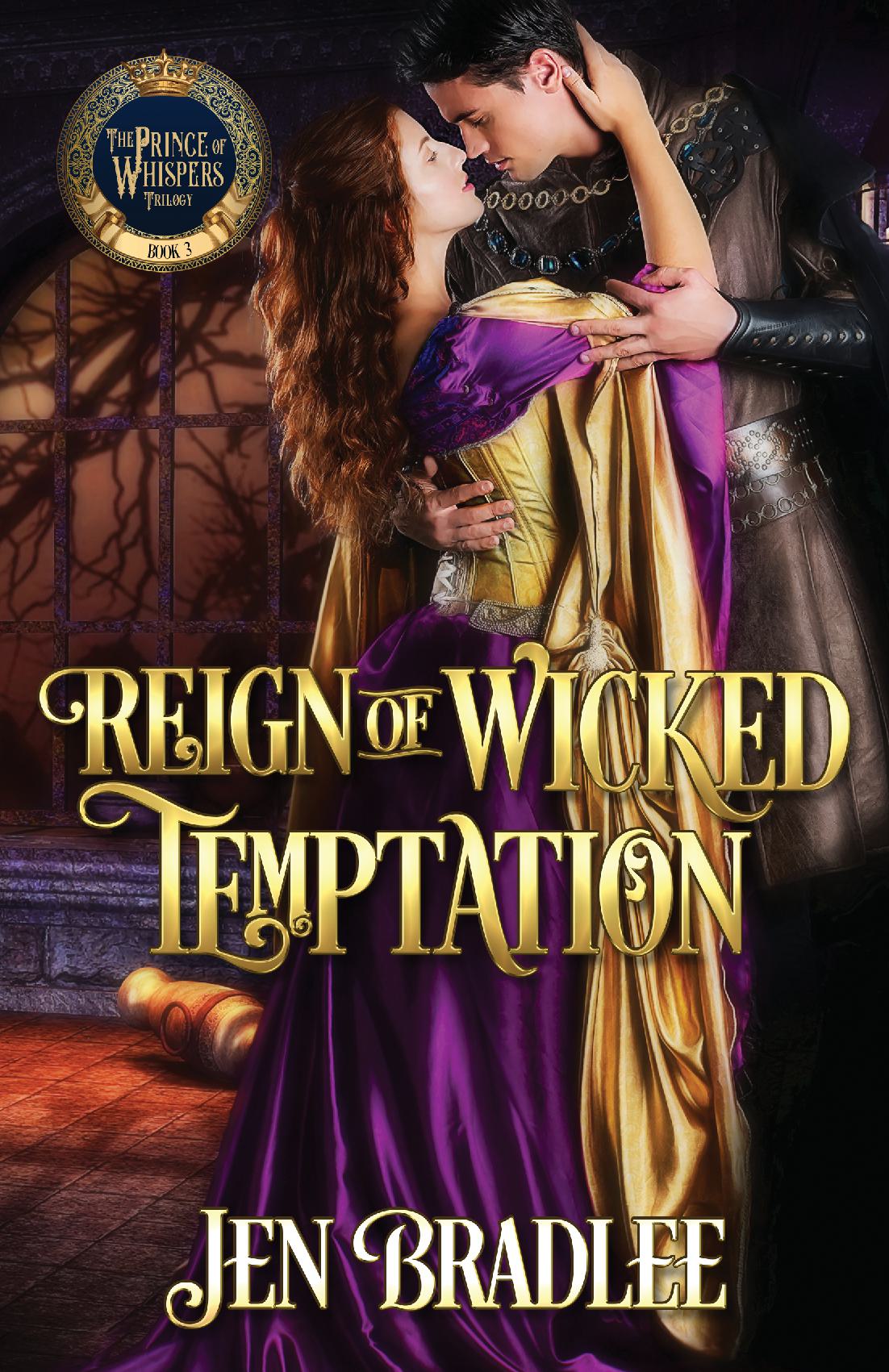 Romantic medieval book cover with a woman in a flowing purple and gold dress embracing a man in dark clothing against a castle background.
