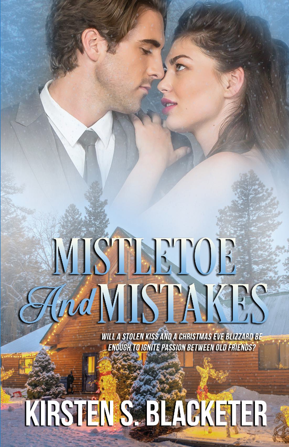 Romantic book cover with a couple facing each other against a snowy cabin and pine trees background.