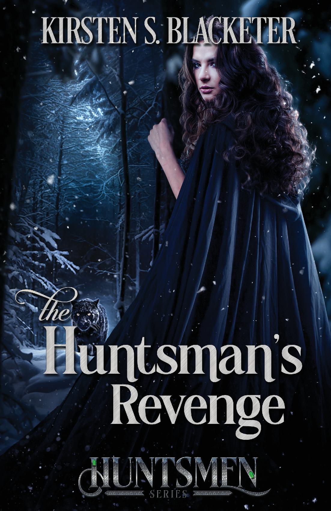 Fairytale fantasy book cover with a woman in a black cloak standing in a snowy forest at night with a black panther in the background.