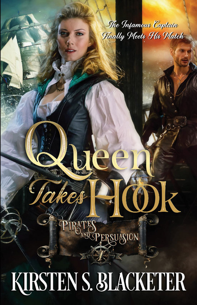 Pirate Romance book cover with a determined woman in pirate attire, a male pirate, and a pirate ship background.