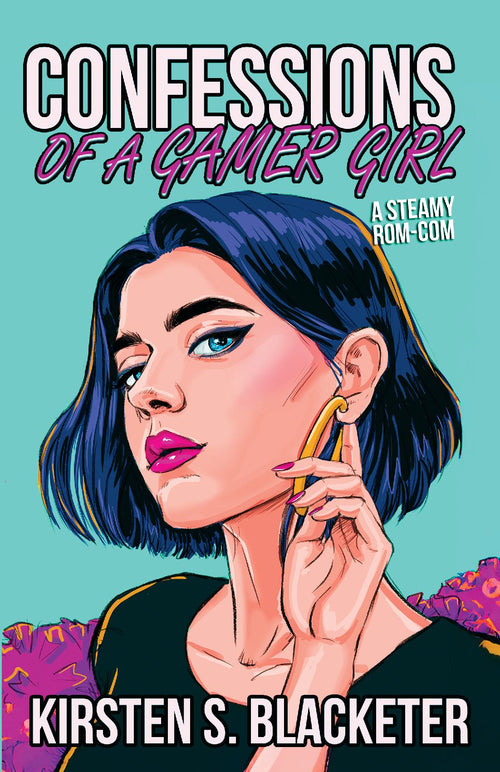 Book cover for Confessions of a Gamer Girl featuring a confident woman with short dark hair and bold makeup on a blue background.