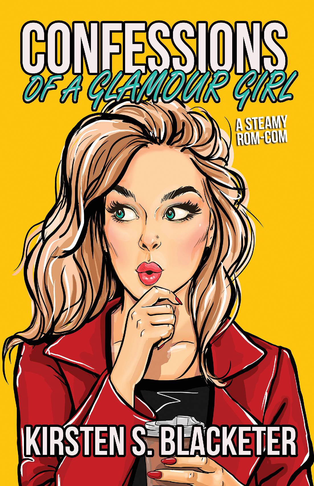 Yellow book cover with title "Confessions of a Glamour Girl," illustrated blonde woman in red jacket, thoughtful expression.