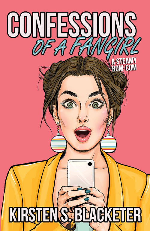 Pink book cover with a surprised woman holding a smartphone, wearing a yellow jacket and round earrings.