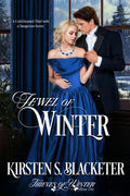 A Victorian woman wearing a blue dress with sapphire gemstone necklace embracing a dark haired gentleman by frosted window with snowy forest view.
