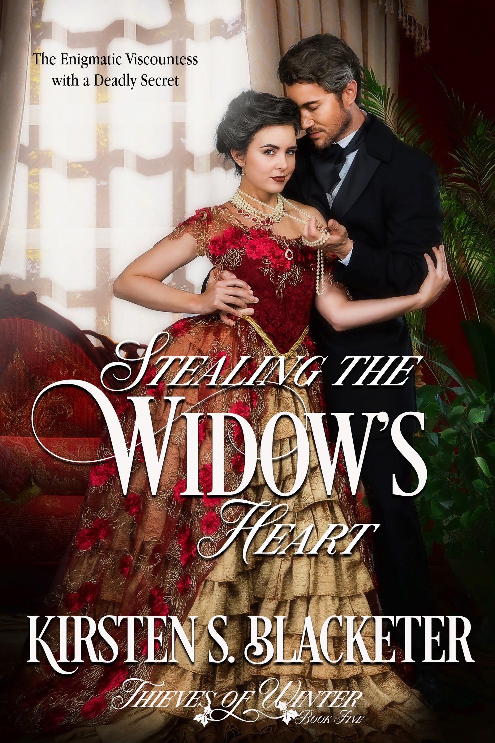 Victorian woman in red lace dress with dark-haired man in black suit in an elegant room.