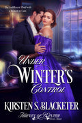Victorian couple in elegant clothing, woman in purple dress, man in dark suit, snowy window backdrop.