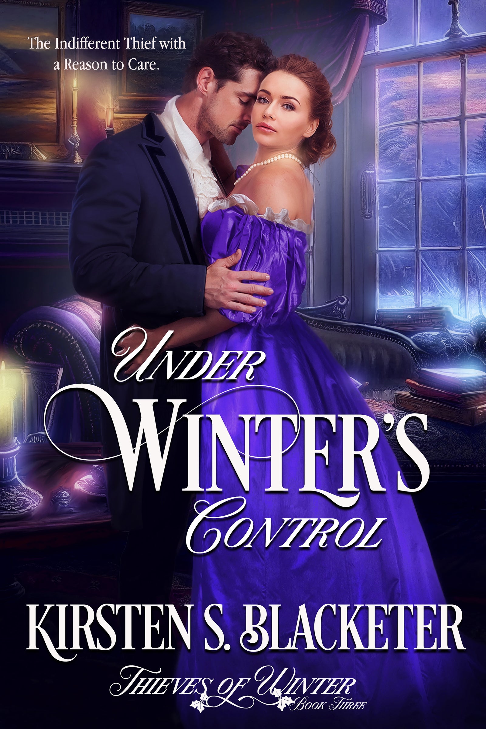 Victorian couple in elegant clothing, woman in purple dress, man in dark suit, snowy window backdrop.