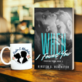 Paperback book "When I Found You" by Kirsten S. Blacketer with a black-and-white romantic couple cover beside a white mug.